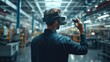 Industrial Design Engineer Wearing Virtual Reality Headset Working With Machinery At Modern Factory. Generative AI.