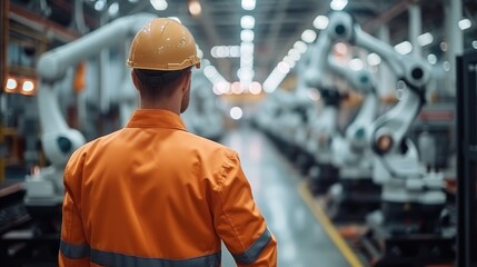 Fototapete - Engineer install and testing industry robotic in manufacturing. Digital manufacturing operation. Generative AI.