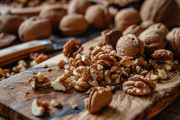 Wall Mural - Walnuts whole unpeeled and cracked peeled on a wooden board on a rustic table.