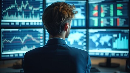 Poster - Businessman calculates financial data for long term investment, analyzing company financial balance sheet working with digital virtual graphics. Generative AI.