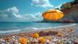 A single yellow umbrella on a pebbly beach with vibrant sea in the background, symbolizing solitude and peaceful escapes, perfect for travel and solitude themes, with space for text.