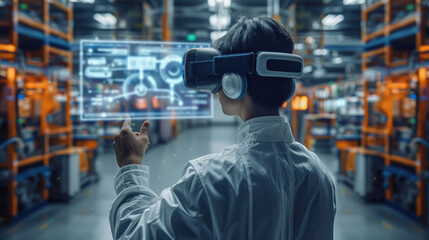 Canvas Print - Engineer use augmented mixed virtual reality to education and training Smart technology futuristic in industry 4.0, maintenance and site design. Generative AI.