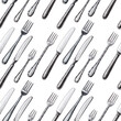 Seamless pattern with ilver cutlery. Forks and knifes watercolor drawing.