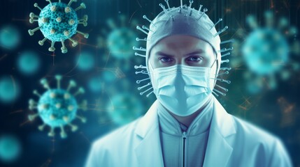 Wall Mural - Close-up of a male doctor wearing a white protective suit and mask, near a digital screen with virus cells in a polyclinic, hospital. The viral Pandemic of the concept.