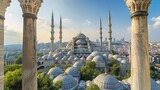 Istanbul skyline with Bosphorus bridge and blue mosque. Scenic view of Turkish capital city. Travel and tourism concept.
