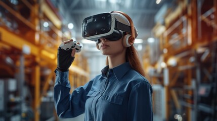 Fototapete - Female Industrial Engineer Wearing Virtual Reality Headset and Holding Controllers, She Uses VR technology for Industrial Design, Development and Prototyping in CAD Software. Generative AI.