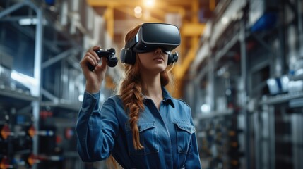 Aufkleber - Female Industrial Engineer Wearing Virtual Reality Headset and Holding Controllers, She Uses VR technology for Industrial Design, Development and Prototyping in CAD Software. Generative AI.