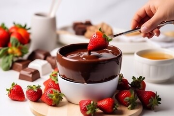 Sticker - Lots of delicious chicken. Dipping strawberries in a chocolate fondue pot on a white marble table