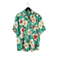 floral Hawaiian shirt hanging on a hanger, isolated on transparent background