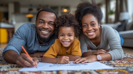 In the living room, little boys and girls were playing drawing together on the floor with their parents relaxing on the sofa, the parents were enjoying leisure time in the living room with the