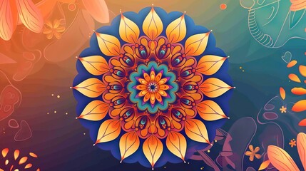 Colorful and intricate mandala illustration with floral and geometric patterns on a dark background