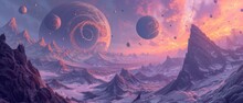 A Bizarre, Mountainous Landscape Where The Peaks Twist Into Spirals Reaching Towards A Sky Scattered With Floating, Luminous Orbs.