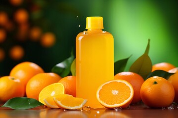 Wall Mural - Shampoo with juicy orange and drops on the background.  Beautiful design of advertisement of cosmetic products for catalog, magazine.