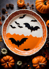 Wall Mural - plate with pumpkin pie for halloween. Selective focus.