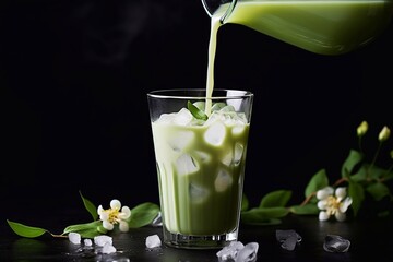 Wall Mural - Pour delicious and healthy soy milk into cold matcha tea. A healthy vegan drink