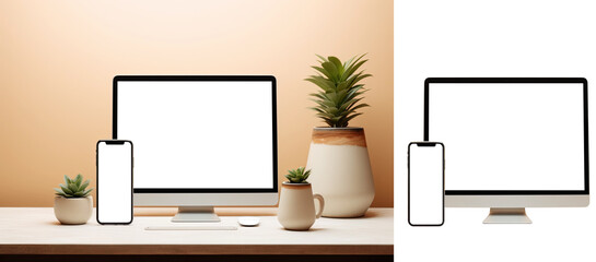 Desktop computer smartphone cutout screen on office room background, and transparent background. Mockup template for artwork design. copy space.