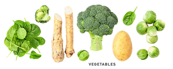Wall Mural - Potato spinach broccoli brussel sprouts horseradish isolated. Flat lay, top view. PNG with transparent background. Without shadow