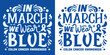 In march we wear blue ribbon color lettering logo poster. Colon cancer awareness quotes. Colorectal cancer prevention week. Retro vintage groovy aesthetic art badge. Vector text shirt design print.