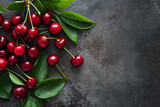 Variety of cherries on background. sweet cherries. top view, creative flat layout. Frame of different fruits with space for text. Berries at border of image with copy space.