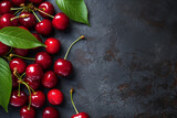 Variety of cherries on background. sweet cherries. top view, creative flat layout. Frame of different fruits with space for text. Berries at border of image with copy space.