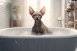 Cute kitten with fluffy white fur sitting on a clean brown sink, staring with adorable eyes in a funny and adorable way against a purebred abyssinian cat background