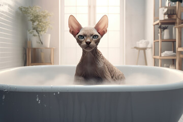 Wall Mural - Cute kitten with fluffy white fur sitting on a clean brown sink, staring with adorable eyes in a funny and adorable way against a purebred abyssinian cat background