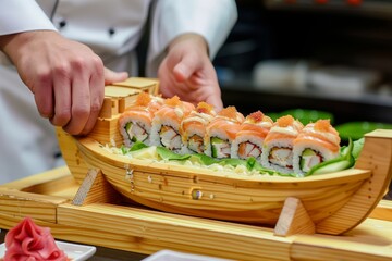 Wall Mural - chefs hands presenting a completed sushi boat