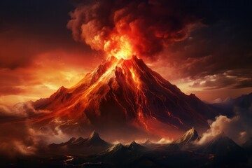 Wall Mural - aerial view of volcano eruption with smoke and lava flowing. Natural disaster.