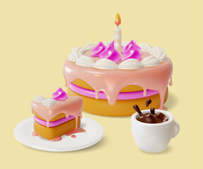 Wall Mural - 3d Birthday Cake with Candle and Cup Coffee Splash Cartoon Style Piece and Whole . Vector illustration