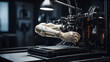 In shadows of lab, 3D printer produces prosthetic arm, symbol of technological innovation. State-of-the-art materialization of human prosthetic arm, highlighting transformative power of 3D printing