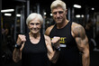 Striking contrast and mutual respect between fiercely determined elderly woman and a younger, muscular man as they proudly flex their muscles in gym setting
