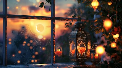 Wall Mural - Ramadan Kareem - traditional Arabic lanterns and window with crescent moon and star at sunset - bokeh effect - Eid ul Fitr celebration