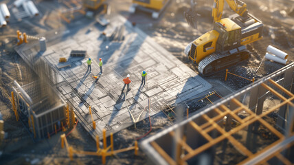 construction site with blueprints superimposed on the ground, illustrating the project's scale and layout.