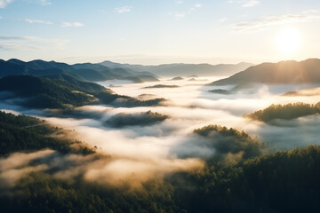 Wall Mural - sunset in smoky fog mountains