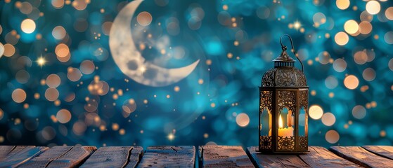 Ramadan Kareem - beautiful night scene with crescent moon, traditional lantern, and sparkling lights - celebration of Eid Ul Fitr