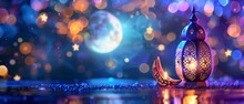 Ramadan Kareem - Beautiful Night Scene With Crescent Moon, Traditional Lantern, And Sparkling Lights - Celebration Of Eid Ul Fitr