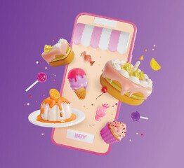 Sticker - 3d Sweet Store Order Online Concept Background Cartoon Style Smartphone with Floating Cupcake, Candy, Ice Cream and Cake. Vector illustration