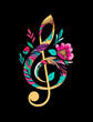 Treble clef with flowers on black background. Music  illustration. 