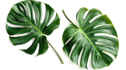 Two Tropical jungle Monstera leaves isolated, Swiss Cheese Plant, isolated on white background