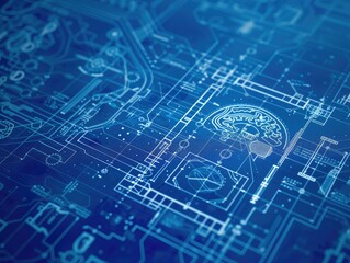 Futuristic AI blueprint icon with sharp-focus, showcasing hyper-realistic inner workings. Technological stock image depicting computer programming and data algorithm.