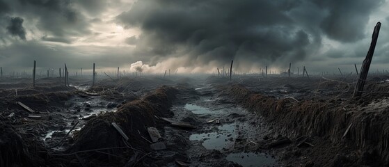 Wall Mural - A haunting view of the Western Front, its empty trenches a testament to enduring memories of war.