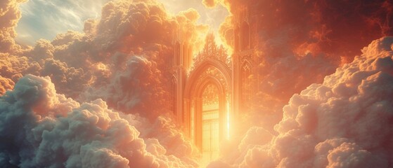 A majestic 3D rendering of heaven's gates, towering and ornate, crafted from ethereal