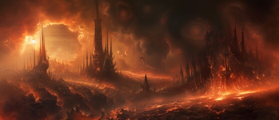 Wall Mural - A nightmarish landscape of hell, featuring twisted structures and forms, bathed in an unsettling glow from a hellfire, creating a sense of perpetual dread.