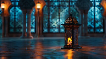 Wall Mural - Ramadan Kareem greeting card with glowing Arabic lantern and candle at night with copy space