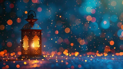 Wall Mural - Ramadan Kareem greeting card with glowing lantern and bokeh lights on blue background