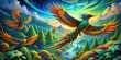 Bright colorful illustration of flying fairytale birds in the sky above the forest
