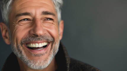 Handsome middle age man happy face smiling looking at the camera, mature age man with gray hair, Isolated on black background, copy space.