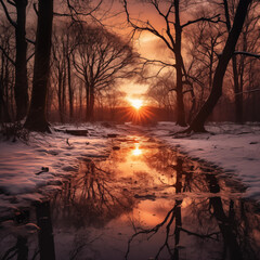 Wall Mural - winter forest with sun rays