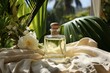 Aromatic oil in a transparent rectangular bottle against a background of light fabric surrounded by flora for massage and spa treatments, close-up.
Concept: cosmetics, fragrance. Green, ferny, fresh