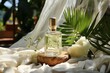 A transparent bottle on a wooden board with aromatic liquid for massage and spa treatments on a background of light fabric surrounded by flora, close-up. Concept: cosmetics, fragrance. Green, fresh